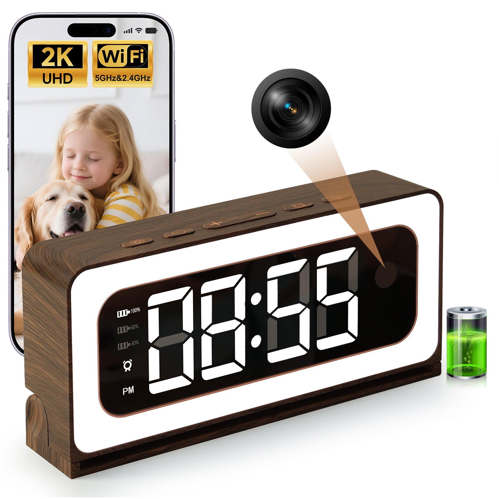 Clock Camera 2K Wood Grain, 5G & 2.4G WiFi Compact Indoor Home Security Camera with Alarm, 3 in 1 Inconspicuous Nanny Camera, Full-Color Night Vision, Human Detection Local SD Storage