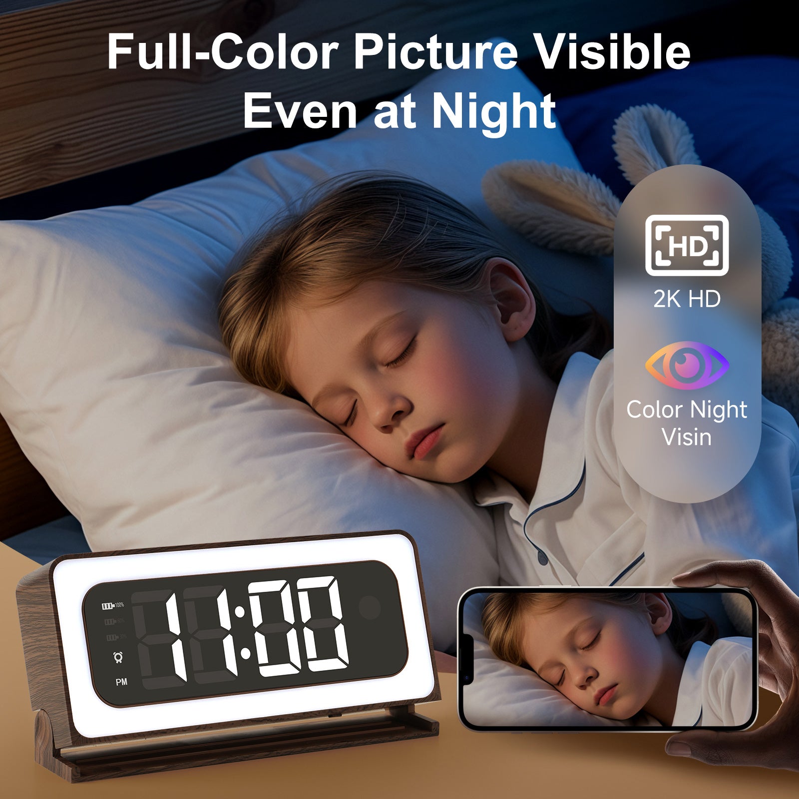 Clock Camera 2K Wood Grain, 5G & 2.4G WiFi Compact Indoor Home Security Camera with Alarm, 3 in 1 Inconspicuous Nanny Camera, Full-Color Night Vision, Human Detection Local SD Storage