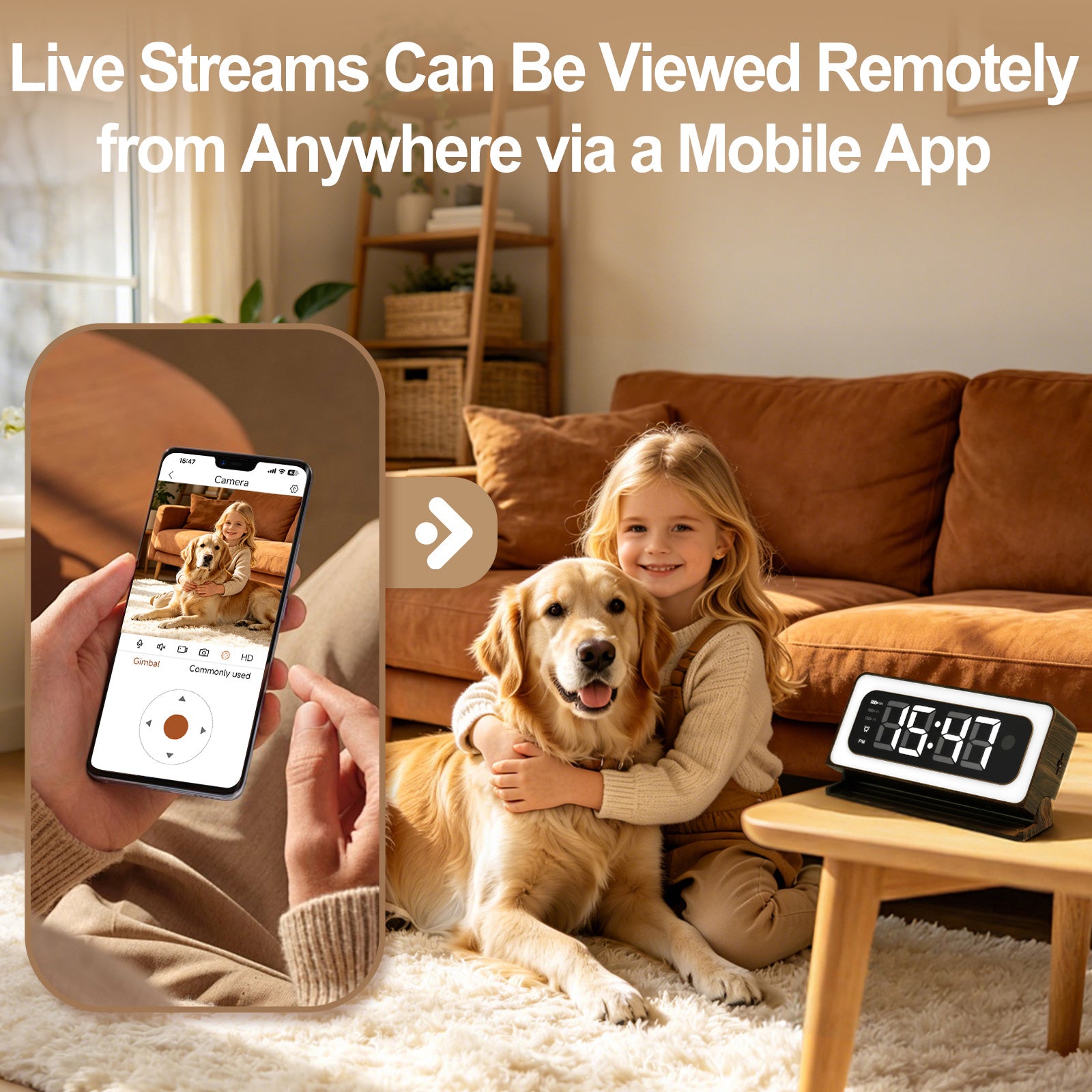 Clock Camera 2K Wood Grain, 5G & 2.4G WiFi Compact Indoor Home Security Camera with Alarm, 3 in 1 Inconspicuous Nanny Camera, Full-Color Night Vision, Human Detection Local SD Storage