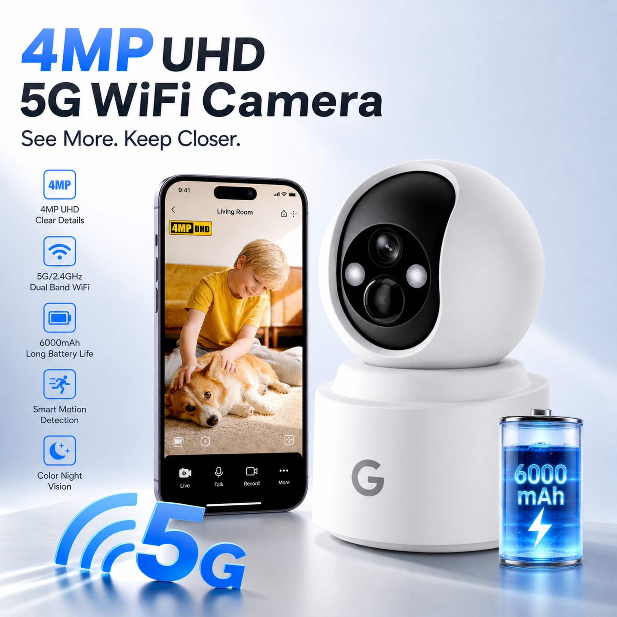 Gpirokcys 5G&2.4GHz WiFi Battery Powered Wireless Indoor Security Cam, PTZ Pet Camera with 6000mAh Rechargeable, 3K 4MP Color Night Vision, SD/Cloud Storage, 2-Way Audio, App Remote, Home/Pet/Baby Monitoring