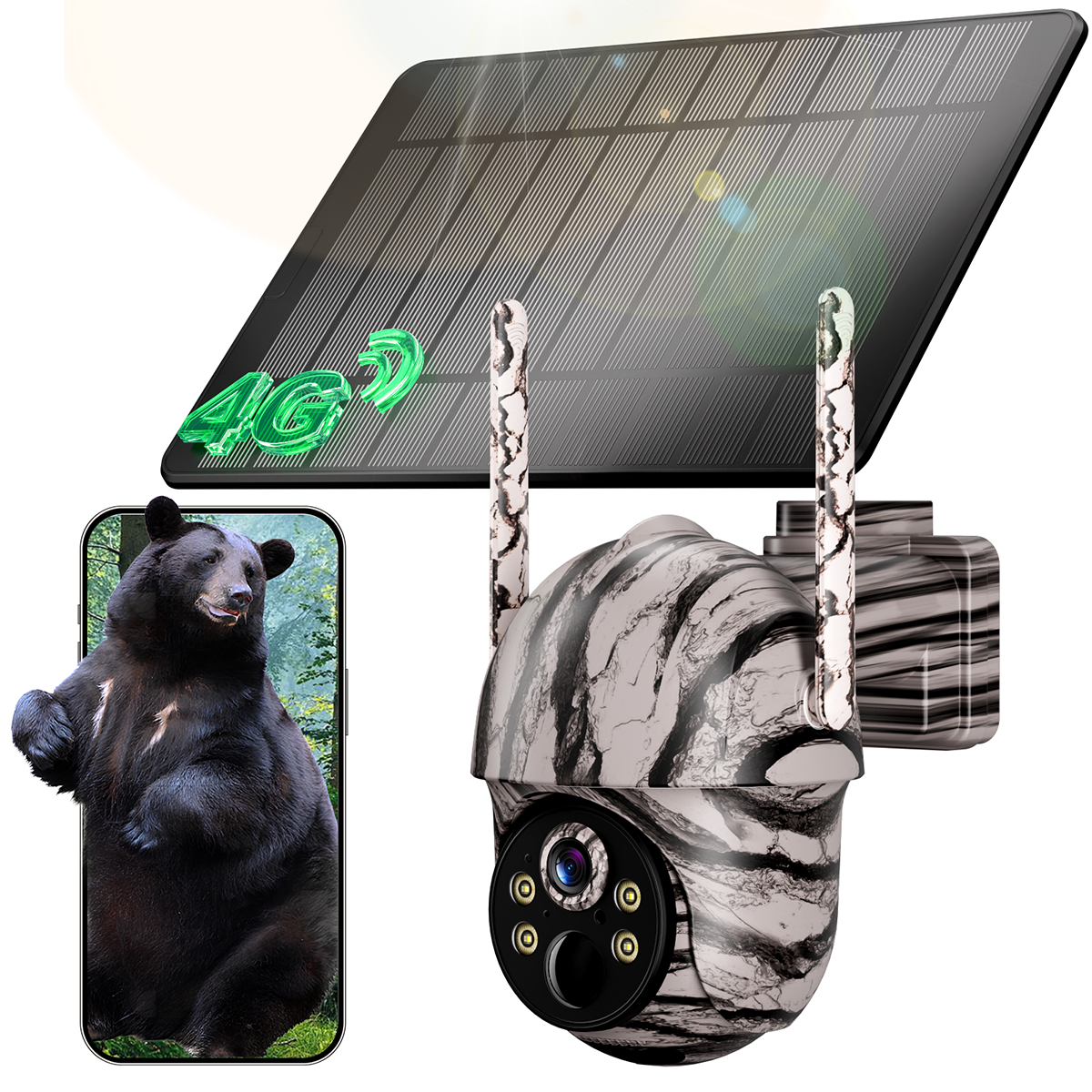 No WiFi Solar Camera 4G LTE Cellular Solar 4MP/3K Security Camera, No WiFi Required, Solar Cell Battary Powered Outdoor Camera, 360° View, AI Tracking, Color Night Vision, Built-in 4G SIM Card and SD Card