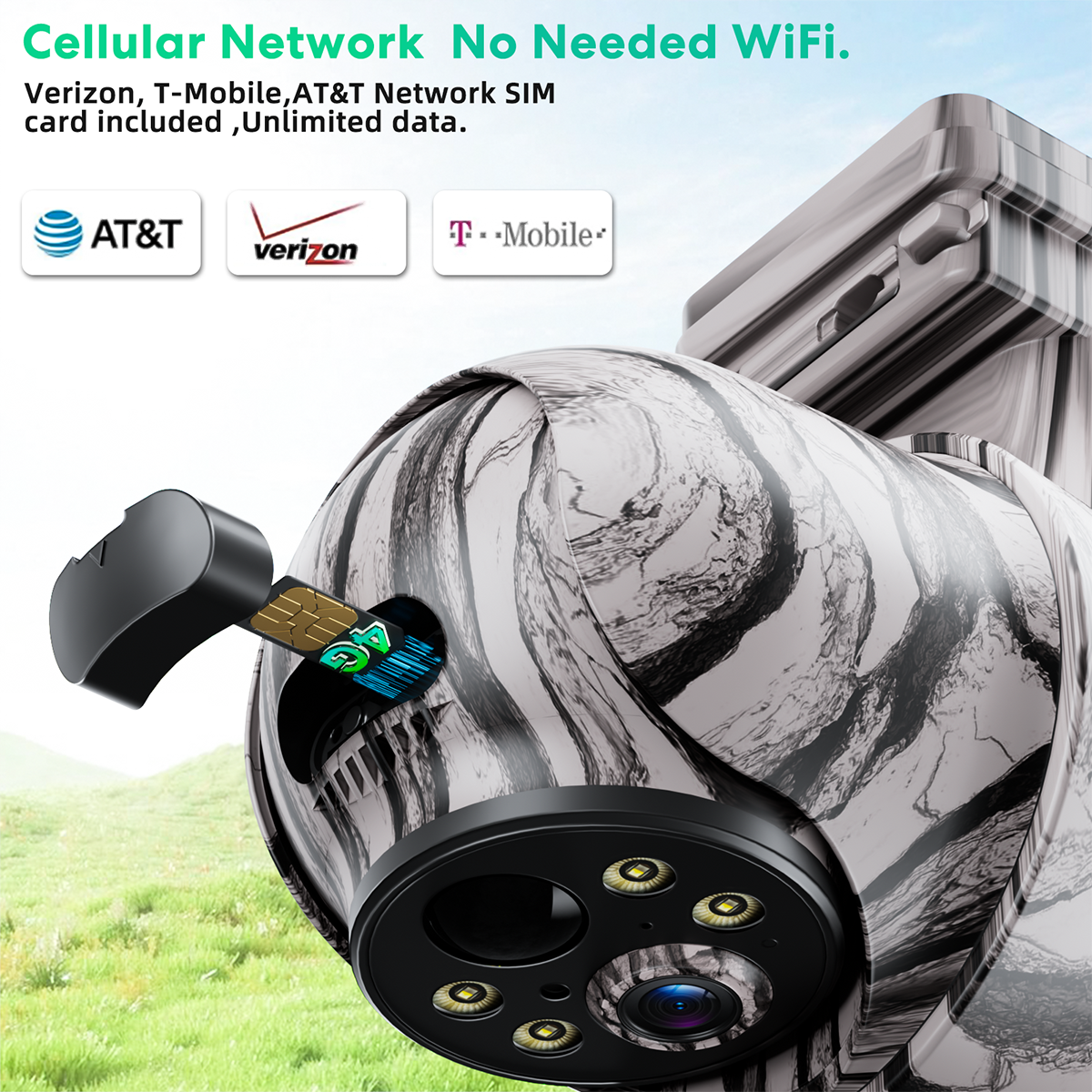 No WiFi Solar Camera 4G LTE Cellular Solar 4MP/3K Security Camera, No WiFi Required, Solar Cell Battary Powered Outdoor Camera, 360° View, AI Tracking, Color Night Vision, Built-in 4G SIM Card and SD Card