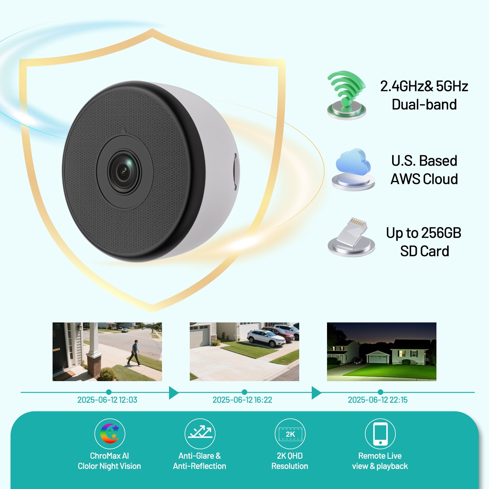 Gpirokcys 2K Window Security Camera, 5GHz & 2.4GHz WiFi 6 Indoor/Outdoor Monitoring, Max AI Color Night Vision, 110° Wide Angle, Easy Stick-on Install, Alexa Compatible, 24/7 Recording