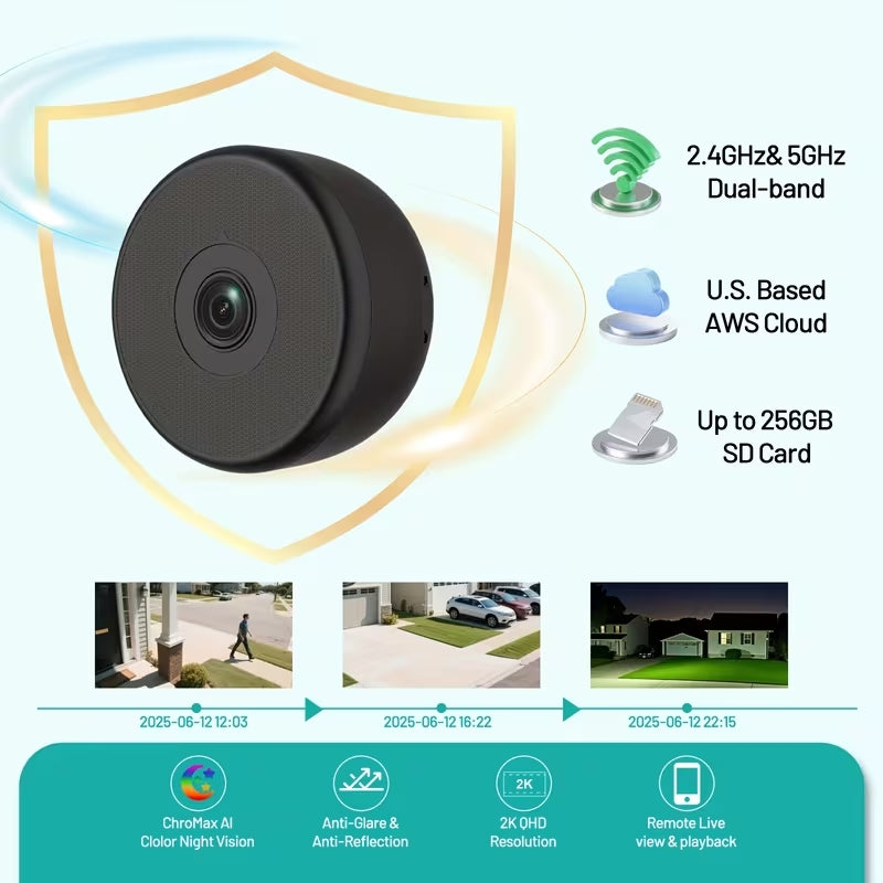 Gpirockys 2K Window Security Camera, 5GHz & 2.4GHz WiFi 6 Indoor/Outdoor Monitoring, Max AI Color Night Vision, 115° Wide Angle, Easy Stick-on Install, Alexa Compatible, 24/7 Recording