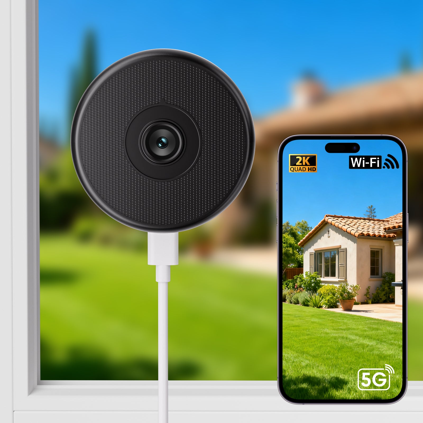 Gpirokcys 2K Window Security Camera, 5GHz & 2.4GHz WiFi 6 Indoor/Outdoor Monitoring, Max AI Color Night Vision, 110° Wide Angle, Easy Stick-on Install, Alexa Compatible, 24/7 Recording